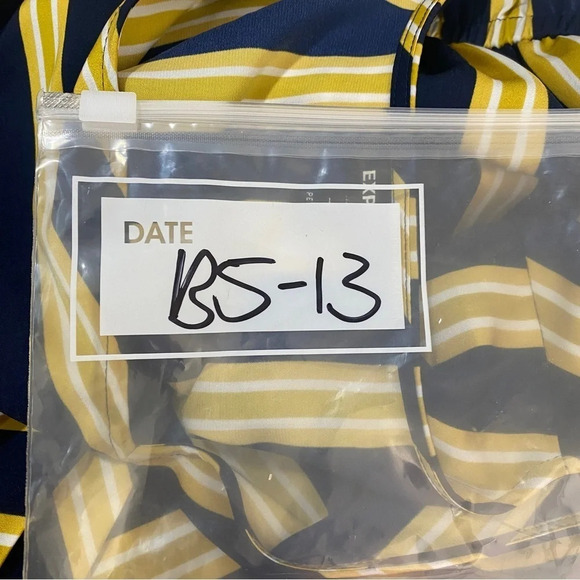 Express Stripe Satin Tunic Blouse Navy Yellow S Petite - Picture 6 of 6
